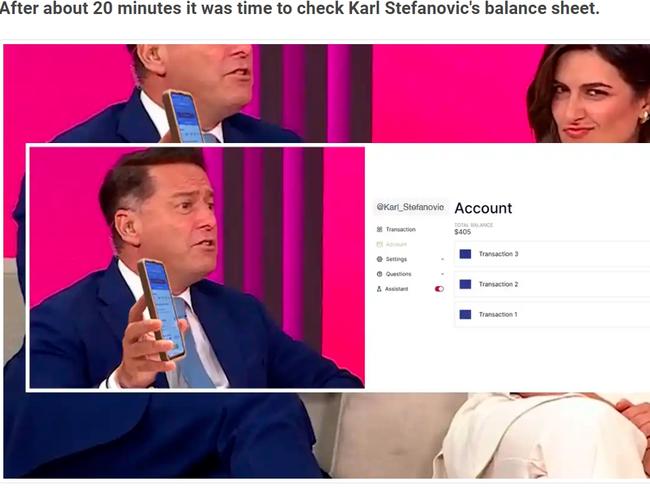 Scammers tried to fool Australians into thinking Karl Stefanovic showed Monk a screenshot of his investments. It was a false image.