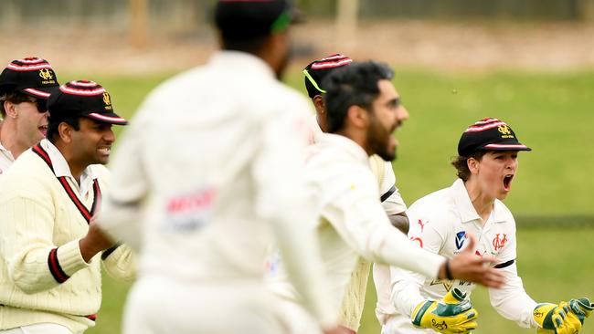 Alex Chandler of Moorabbin celebrates taking the wicket of RoryÃFreeman of Ormond during the VSDCA match between Moorabbin and Ormond at Moorleigh Community Village Reserve, on October 28, 2023, in Melbourne, Australia. (Photo by Josh Chadwick)