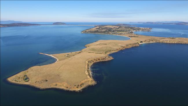 Golf course, recreation and accommodation development proposed for the South Arm peninsula by Tasmanian entrepreneur Greg Ramsay, an aerial view of Arm End headland reserve area