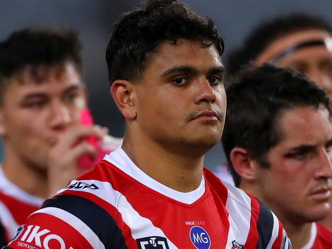 SYDNEY, AUSTRALIA - SEPTEMBER 05: Latrell Mitchell of the Roosters looks dejected after losing the round 25 NRL match between the South Sydney Rabbitohs and the Sydney Roosters at ANZ Stadium on September 05, 2019 in Sydney, Australia. (Photo by Cameron Spencer/Getty Images)