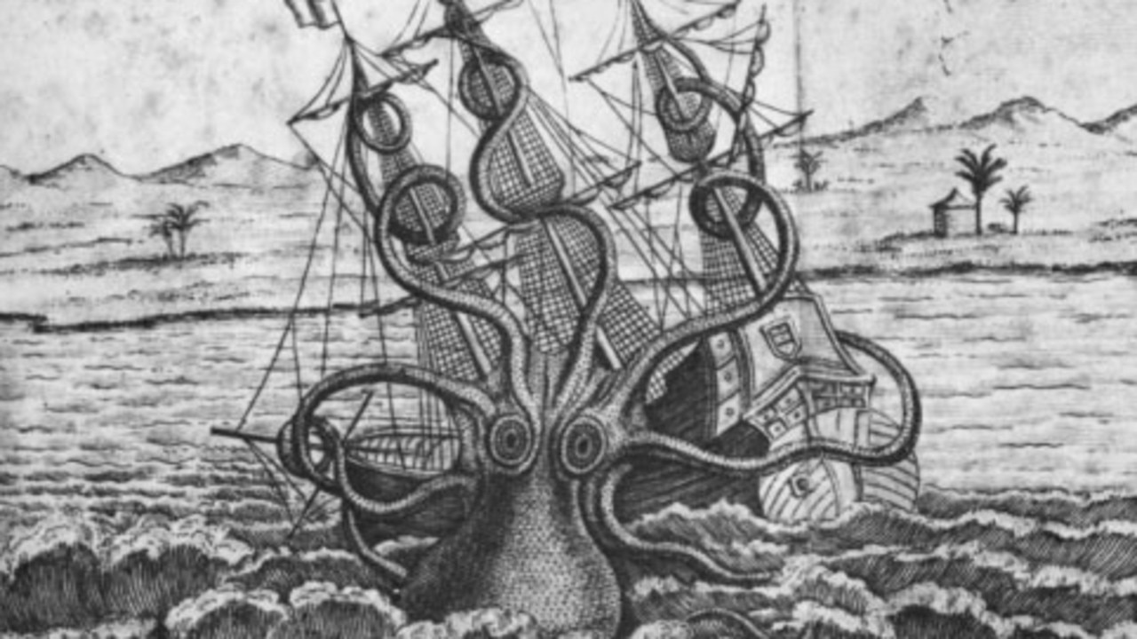 The sea monster named Kraken from Norse legends attacks a ship in this historic drawing. Giant squids feature in many stories and are usually depicted as terrifying monsters.
