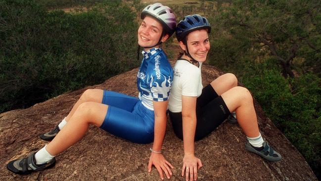 Kerrie and Anna Meares pictured at ages 14 and 13 on a hill above Middlemount in central Queensland. Picture: David Kapernick