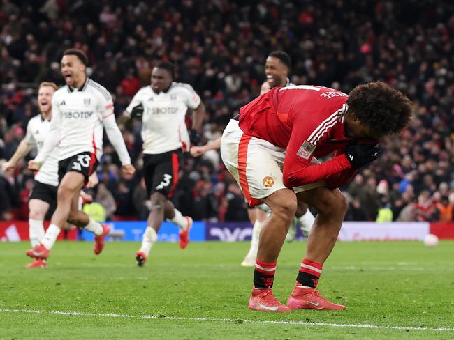 Manchester United’s Joshua Zirkzee reacts after missing the last penalty. Picture: Getty