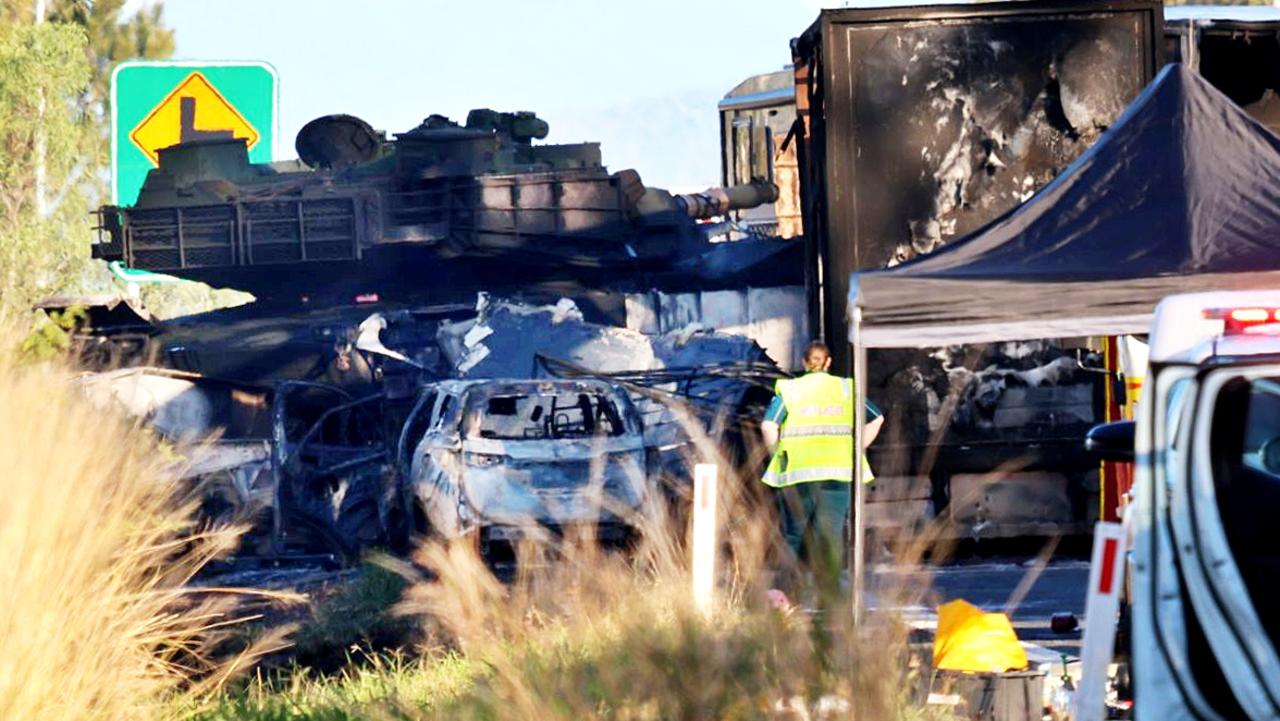 Bruce Highway multi vehicle crash at Bajool involving an army tank. Army tank. Photo – Steve Vit