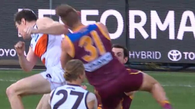 Jeremy Cameron’s hit on Brisbane opponent Harris Andrews in Round 14 last year.