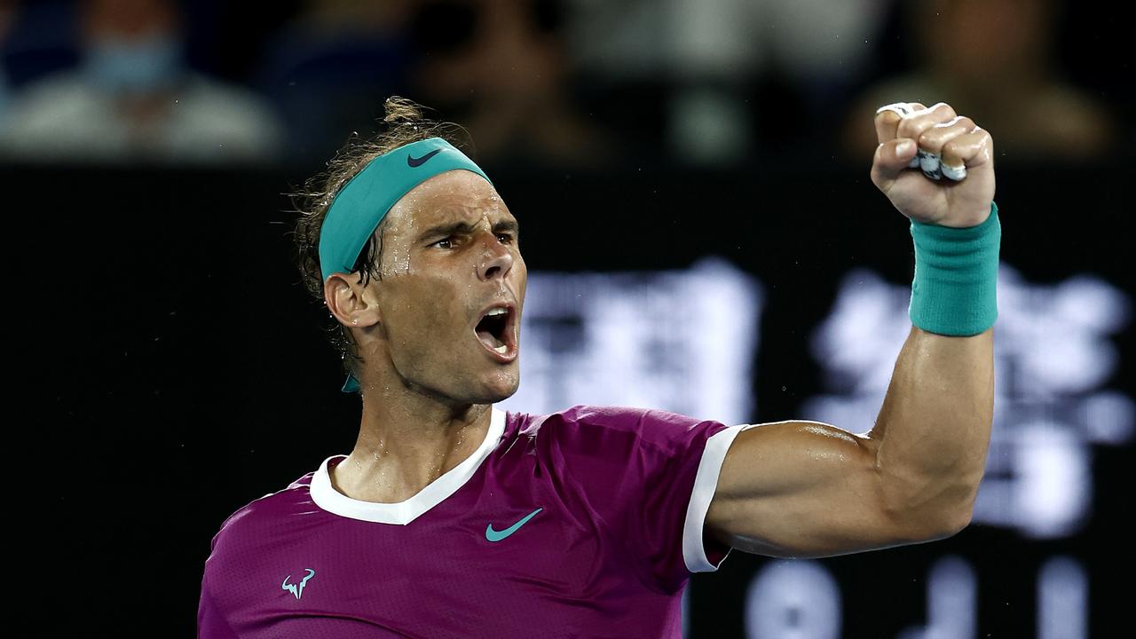 MELBOURNE, AUSTRALIA - JANUARY 30: Rafael Nadal of Spain celebrates after winning a point in his Men's Singles Final match against Daniil Medvedev of Russia during day 14 of the 2022 Australian Open at Melbourne Park on January 30, 2022 in Melbourne, Australia. (Photo by Darrian Traynor/Getty Images) *** BESTPIX ***