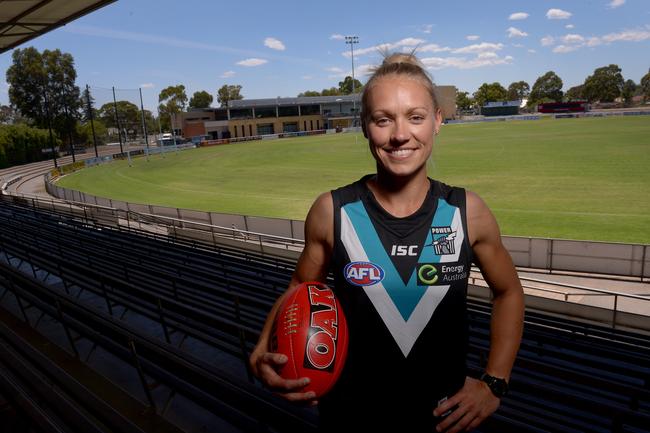 Back in 2015 Erin pledged her commitment to a Port Adelaide Women's Football Team. Picture: Keryn Stevens