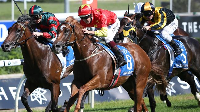 Invader ridden by Hugh Bowman (centre) wins the Inglis Sires' race during The Championships Day 1 at Randwick Racecourse in Sydney, Saturday, April 1, 2017. (AAP Image/David Moir) NO ARCHIVING, EDITORIAL USE ONLY