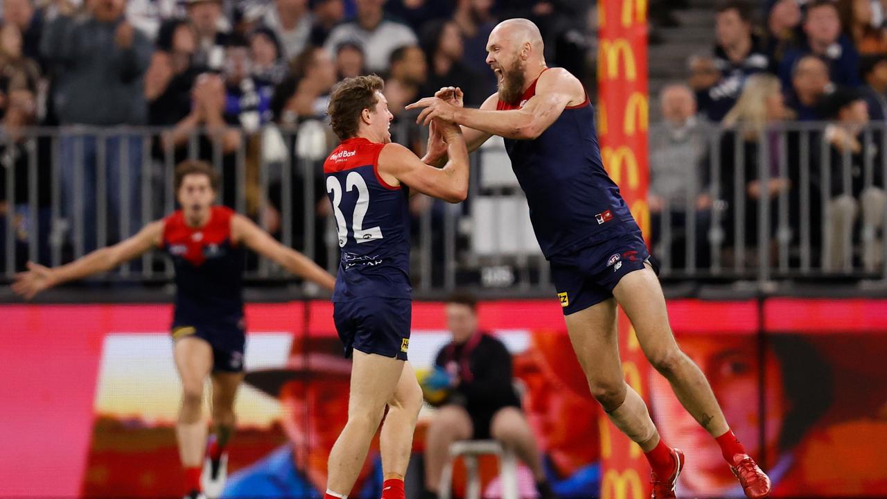 Demons skipper Max Gawn celebrates during his side’s demolition of Geelong in their preliminary final. Picture: Michael Willson / AFL Photos via Getty Images