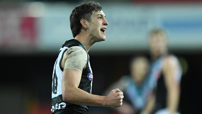 Zak Butters celebrates a goal in Port Adelaide’s win over North Melbourne. Picture: Getty Images