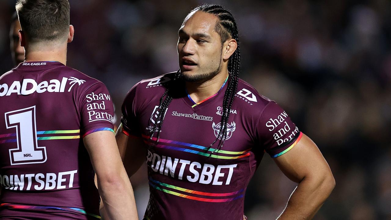 SYDNEY, AUSTRALIA - JULY 28: Martin Taupau of the Sea Eagles talks to Reuben Garrick of the Sea Eagles during the round 20 NRL match between the Manly Sea Eagles and the Sydney Roosters at 4 Pines Park on July 28, 2022, in Sydney, Australia. (Photo by Cameron Spencer/Getty Images)