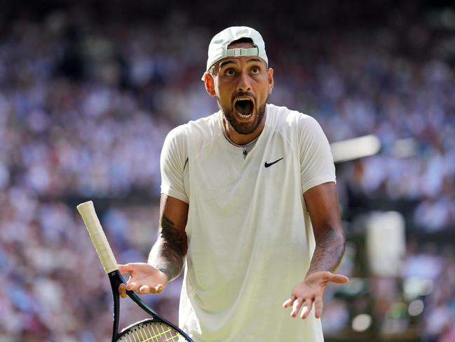 Nick Kyrgios reacts during The Final of the Gentlemen's Singles against Novak Djokovic on day fourteen of the 2022 Wimbledon Championships at the All England Lawn Tennis and Croquet Club, Wimbledon. Picture date: Sunday July 10, 2022. (Photo by Zac Goodwin/PA Images via Getty Images)