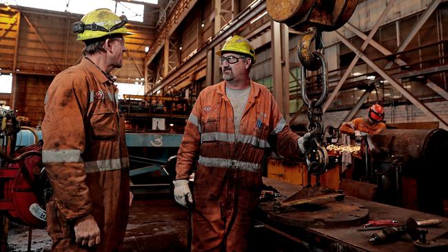 Fitter and turners Ken Roesler and Paul Monaghan at the Whyalla Steelworks. Picture: Dylan Coker