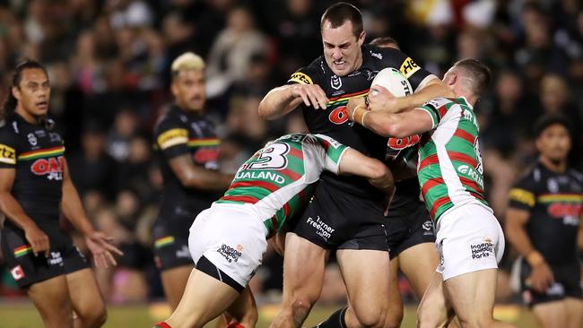 Isaah Yeo is tackled in their match against the Rabbitohs. Picture: Matt King/Getty Images