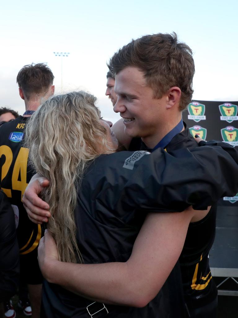 Lachlan Clifford captain with mum Kristy-Jo. TSL grand final Kingborough Tigers V North Launceston. Picture: Nikki Davis-Jones