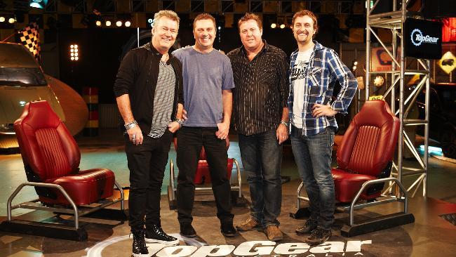 Spin-off: guest Jimmy Barnes, left, on set with the new line-up of Austrailia's <i>Top Gear</i>, from left, Ewen Page, Shane Jacobson and Steve Pizzati. Picture: Tim Hunter