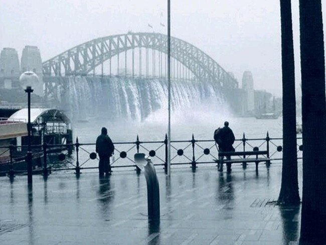 ‘A tsunami of fake news’ ... a social media image of Sydney Harbour Bridge as a waterfall.