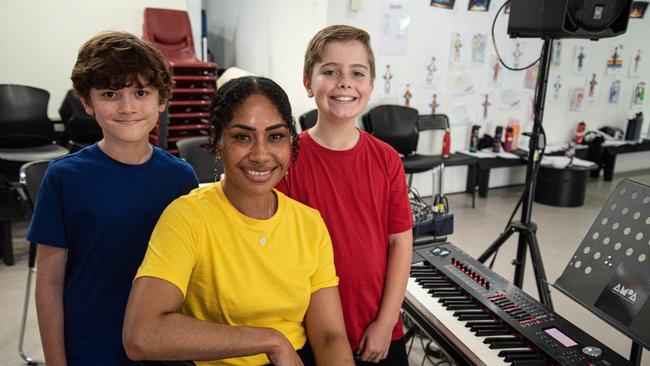 Northern Beaches performers Tommy Kent and Jordan Thompson with Paulini Curuenvauli at rehearsals for Joseph and the Amazing Technicolour Dreamcoat. Picture: Lara Jane Photography