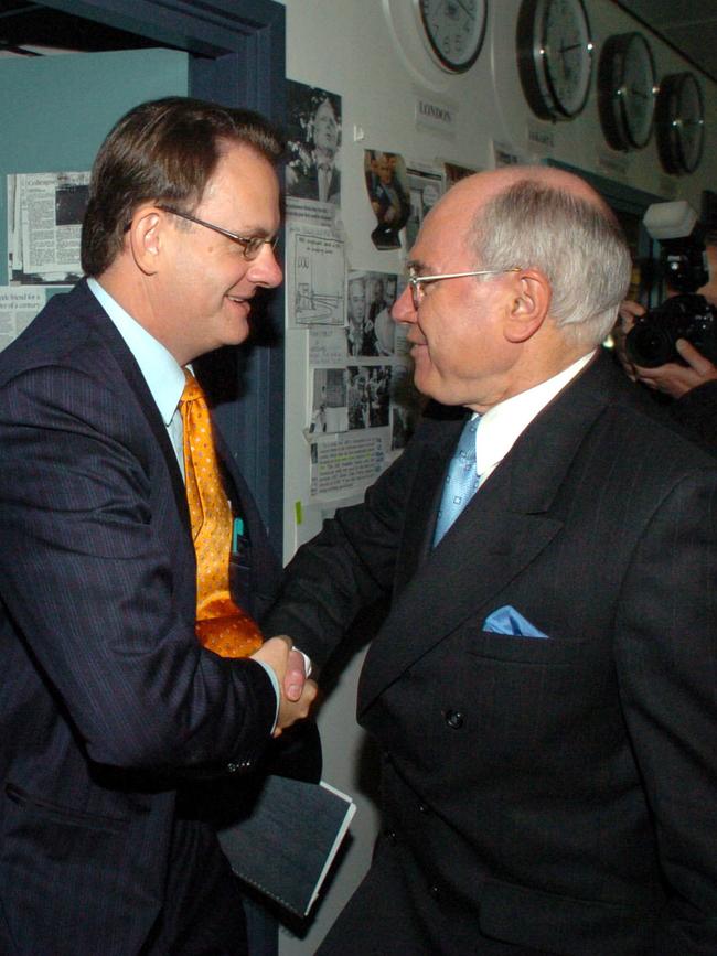 In 2004, days before the federal election Labor leader Mark Latham crossed paths with prime minister John Howard at ABC radio studios in Sydney. Picture: John Feder