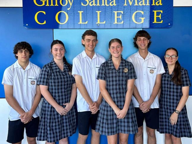 Gilroy Santa Maria College 2025 house leaders. Pictured left to right: Dallas Brown, Loren Jensen, Brandon Hamilton-Kaurila, Akayla Weston, Matthew Spina, Aimee Mammino. Picture: Gilroy Santa Maria College.