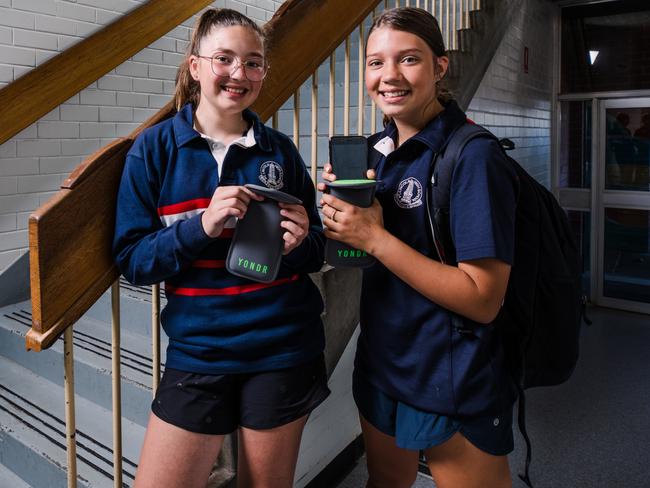 PHONES IN SCHOOLS. Port Lincoln High school. Year 8 Students: Sophie Lang (with glasses) and Caitlin Cole. Picture: Robert Lang, ,