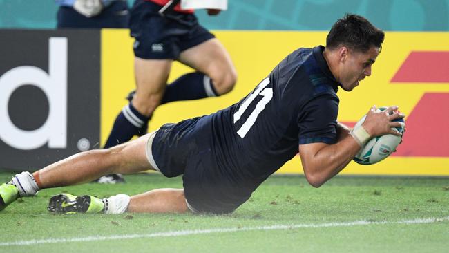 Scotland's wing Sean Maitland scores a try against Samoa.