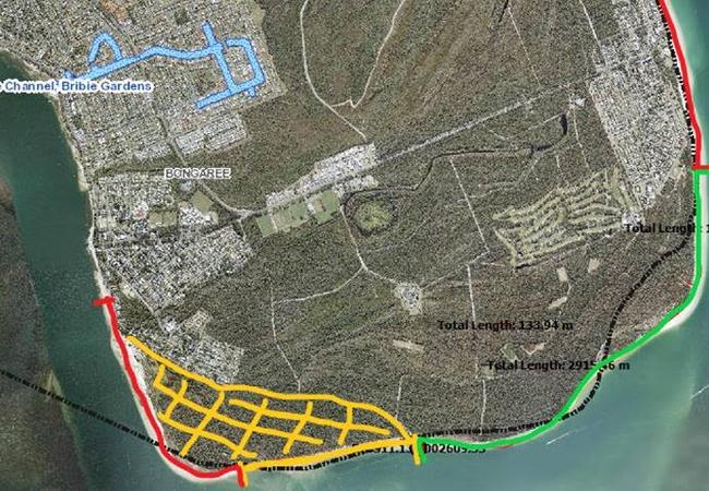 Satellite photo of Bribie Island: Red = dogs banned, yellow = on-leash, green = off-leash.