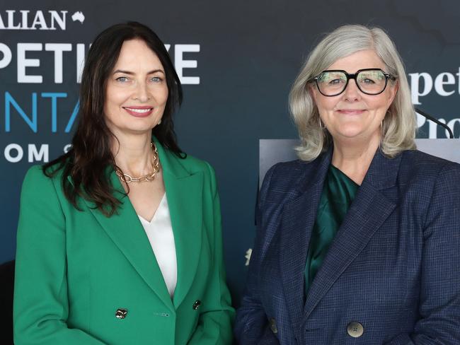 8/11/23: Geraldine Slattery, BHP Australia President and Sam Mostyn, Chair of the Federal Government Women's Economic Equality Taskforce at the BHP-TAUS Competitive Advantage Luncheon at Aria Restaurant. John Feder/The Australian.