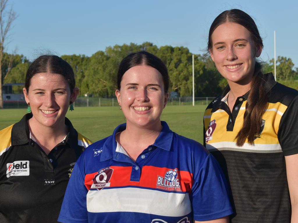 Macey (left), Daneal and Zali Ronald play in the Mackay AFL competition. Picture: Matthew Forrest