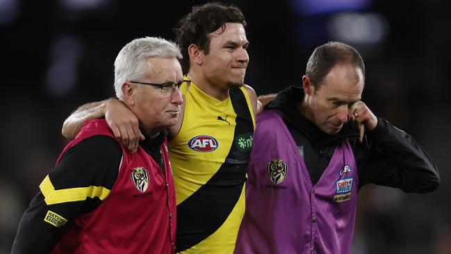 Daniel Rioli is desperate to play alongside Jack Riewoldt and Trent Cotchin in their final game despite being helped off the ground with an ankle injury last week. Picture: Darrian Traynor / Getty Images