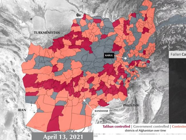 Afghanistan on April 13. Red districts were controlled by the Taliban, peach districts were contested, and grey districts were under government control. Image: FDD's Long War Journal