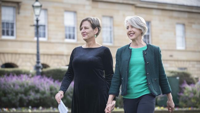 Greens Leader Cassy O'Connor MP announces her resignation with Dr Rosalie Woodruff MP at Hobart. Picture: Chris Kidd