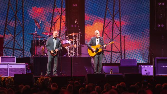 Paul Kelly performs at Michael Gudinski's state memorial service, March 24 2021, with Michael Barclay (left). Picture: Mushroom Creative House