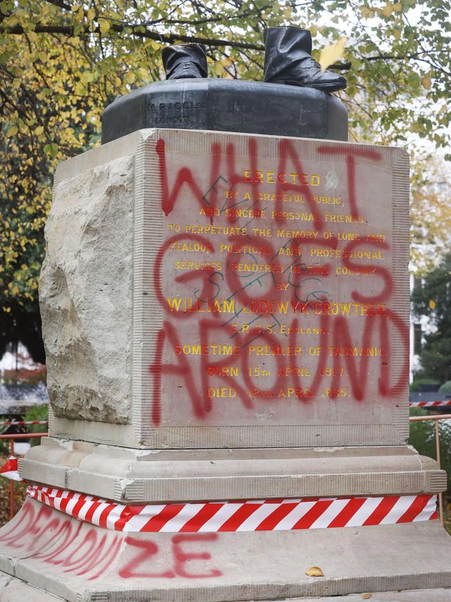 The William Crowther statue in Franklin Square Hobart has been vandalised overnight resulting in the statue being removed from it's plinth and then removed by Hobart City Council. Picture: Nikki Davis-Jones