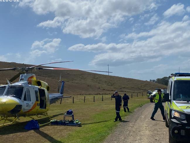 The RACQ LifeFlight Rescue Helicopter at the scene of the motorcycle crash at Conondale. Picture: RACQ LifeFlight