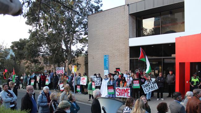 Protestors picket Penny Wong’s address in October 2024. Picture: Grassroots Action Network Tasmania