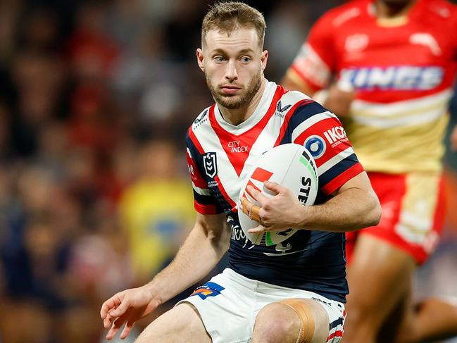 PERTH, AUSTRALIA - AUGUST 02: Sam Walker of the Roosters makes a run down the field during the round 22 NRL match between Dolphins and Sydney Roosters at HBF Park, on August 02, 2024, in Perth, Australia. (Photo by James Worsfold/Getty Images)