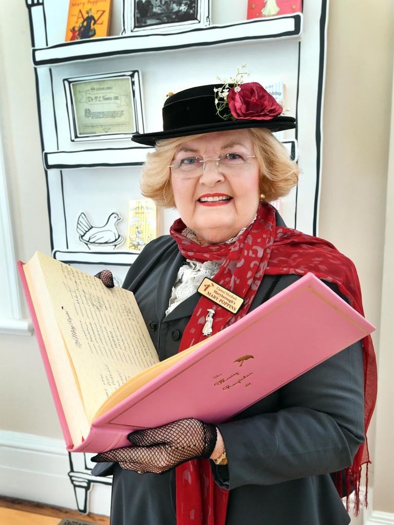 Mary Poppins (Carmel Murdoch) with The Mary Register at Story Bank in Maryborough. Photo: Alistair Brightman