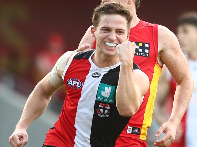 GOLD COAST, AUSTRALIA - MAY 08: Jack Billings of the Saints celebrates a goal during the round eight AFL match between the Gold Coast Suns and the St Kilda Saints at Metricon Stadium on May 08, 2021 in Gold Coast, Australia. (Photo by Chris Hyde/Getty Images)