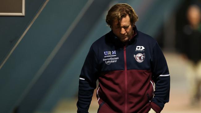 GOSFORD, AUSTRALIA - JUNE 28: Sea Eagles coach Des Hasler walks to a press conference following the round seven NRL match between the Manly Sea Eagles and the Cronulla Sharks at Central Coast Stadium on June 28, 2020 in Gosford, Australia. (Photo by Cameron Spencer/Getty Images)