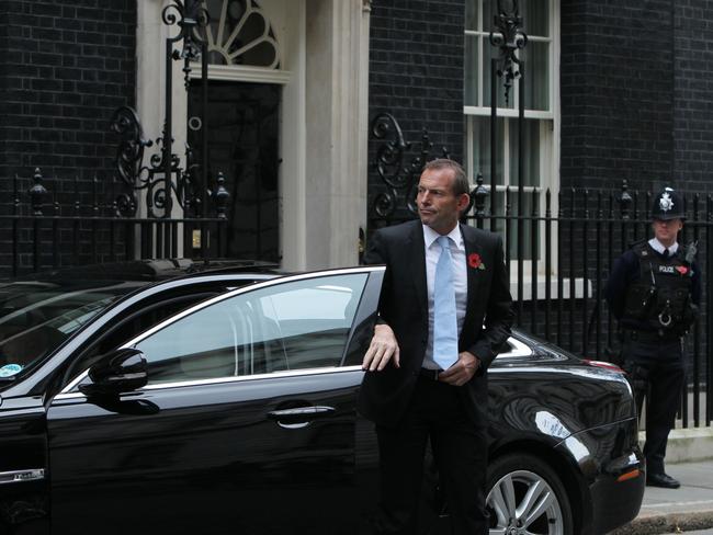 Australian federal Opposition Leader Tony Abbott heads for a meeting with the Chancellor of the Exchequer Osborne at No 11 Downing Street in London, England.