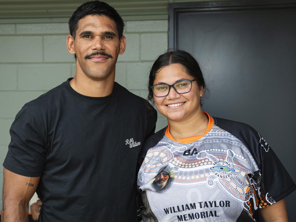 Geoffrey Prince with William Taylor Memorial team player Aleah Peckham at the Warriors Reconciliation Carnival hosted by Toowoomba Warriors at Jack Martin Centre, Saturday, January 18, 2025. Picture: Kevin Farmer