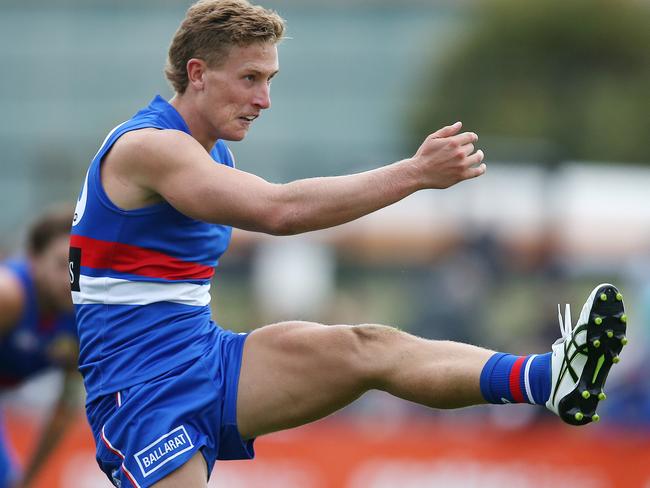 Western Bulldogs v St Kilda at Mars Stadium, Ballarat. 09/03/2019 .   Western Bulldogs Aaron Naughton kicks a last qtr goal    . Pic: Michael Klein