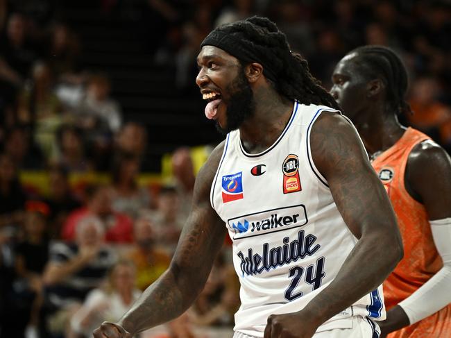 CAIRNS, AUSTRALIA - SEPTEMBER 28: Montrezl Harrell of the 36ers reacts during the round two NBL match between Cairns Taipans and Adelaide 36ers at Cairns Convention Centre, on September 28, 2024, in Cairns, Australia. (Photo by Emily Barker/Getty Images)