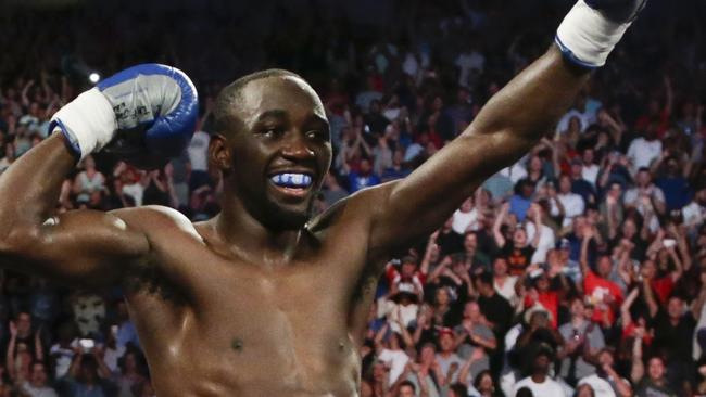 Terence Crawford celebrates his knockout win over Julius Indongo last year.