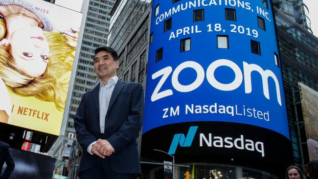 Zoom founder Eric Yuan poses in front of the Nasdaq building in 2019. Picture: AFP