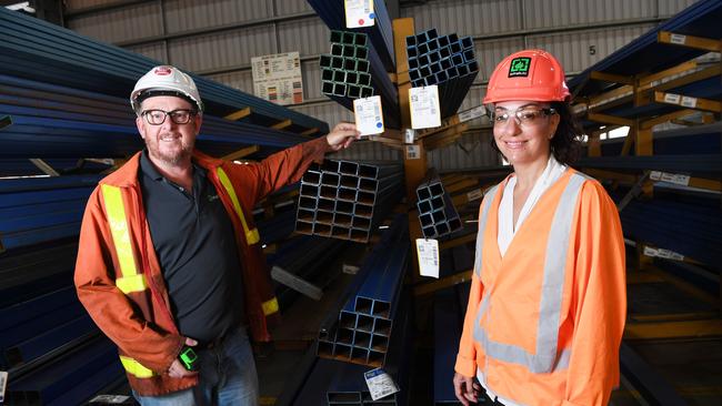 Amanda Charalambous and Barry Duthie at the InfraBuild Steel Centre in Darwin. Picture: Katrina Bridgeford.