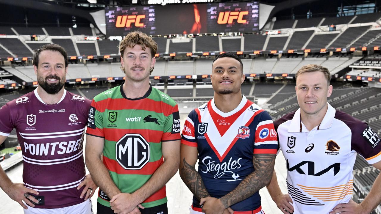 LAS VEGAS, NEVADA - DECEMBER 12: (L-R) National Rugby League players Aaron Woods, Campbell Graham Spencer Leniu and Billy Walters attend the National Rugby League Ã¢â&#130;¬â&#128;&#156; Vegas Promo Tour at Allegiant Stadium on December 12, 2023 in Las Vegas, Nevada. Allegiant Stadium will host 10 NRL matches kicking off with a season-opening double-header next March. (Photo by David Becker/Getty Images for NRL)