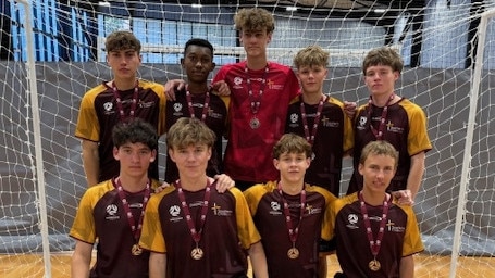 Southern Cross Catholic College futsal team with 2025 Stuart House leader John Nsabimana second from left, back row. Picture: Supplied.