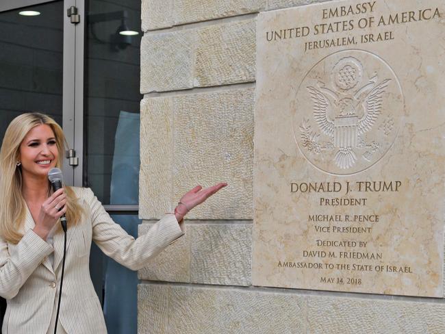 Ivanka Trump unveils an inauguration plaque during the opening of the US embassy in Jerusalem. Picture: AFP